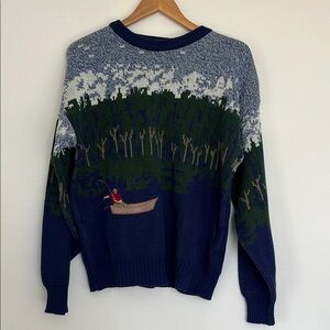 Vintage Knit Scenic Blue Fishing Sweater